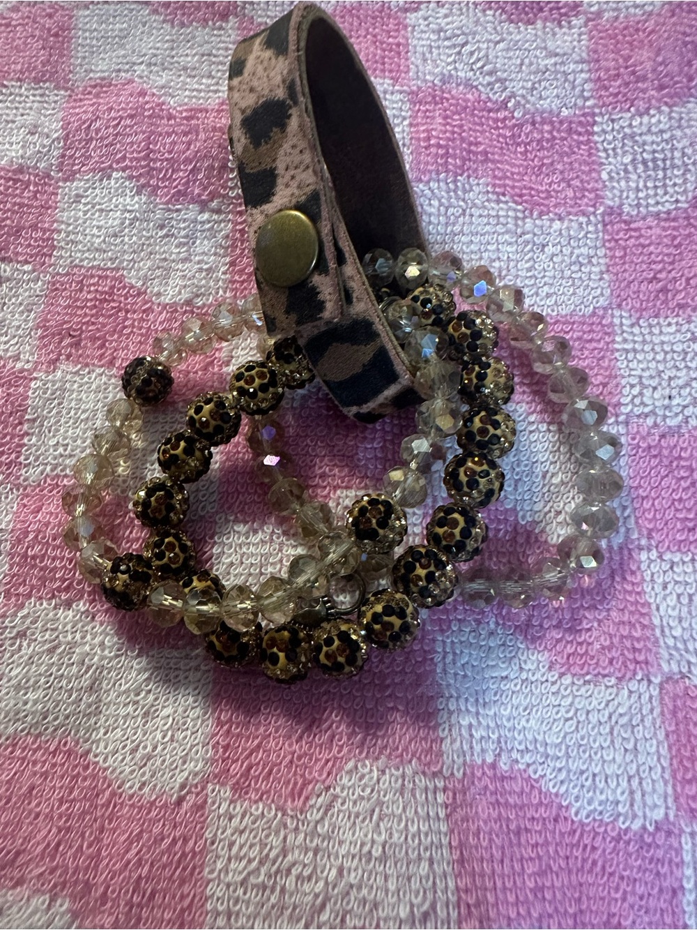 Leopard-Print Leather Snap Bracelet with Brown & Clear Beaded Stack